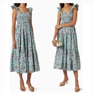 Sea New York Dress Floral Smocked Blue Brita Midi Dress Size Small